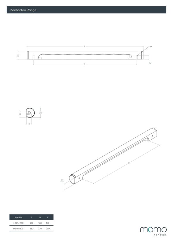 Momo Solid Brass Pull Handle 160mm In Brushed Satin Brass